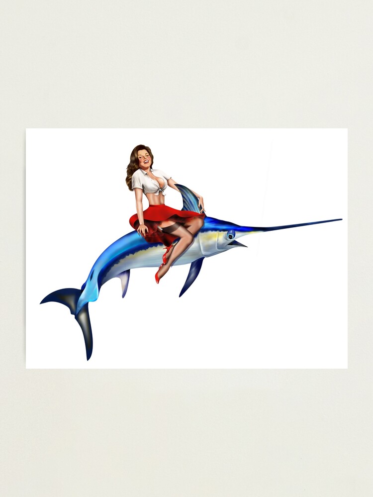 All American Pinup Girl riding a blue marlin Button