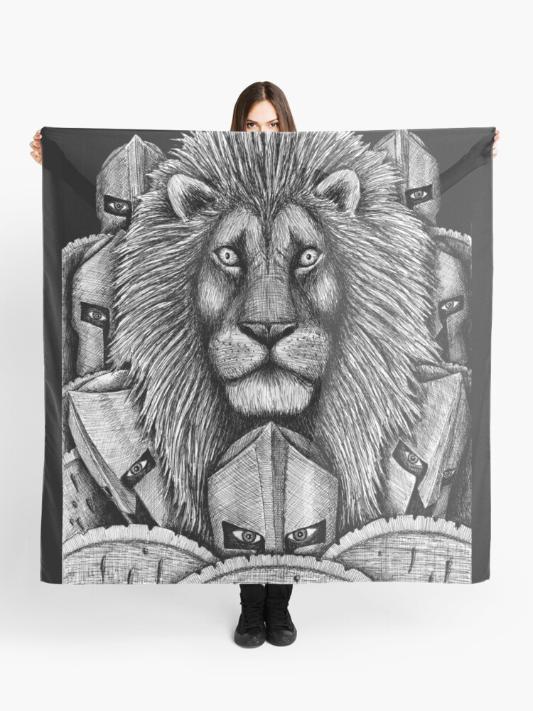 Spartan Lion Noir Et Blanc Stylo Encre Surréaliste Dessin Foulard