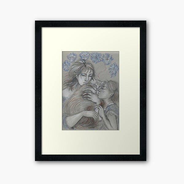 Mother, Daughter, Cat with Blue Flowers Framed Art Print