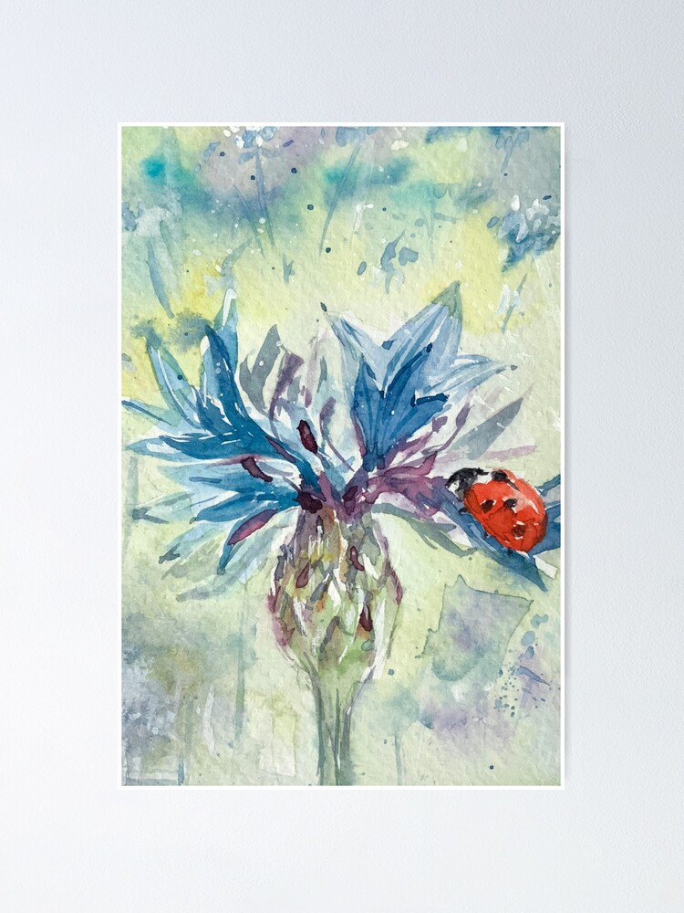 Póster «Cottagecore: Mariquita de verano sobre una flor de cardo azul» de  jhbdesigns | Redbubble