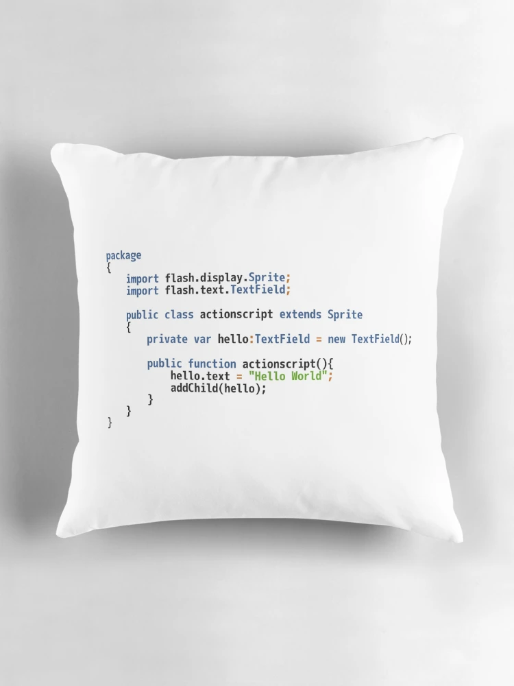 Thumbnail 3 of 4, Pillow, Hello World ActionScript Code - Light Syntax Scheme Coder Design designed and sold by geeksta.