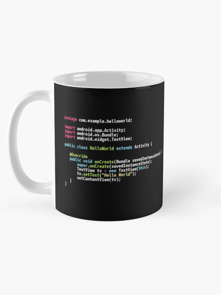 Thumbnail 5 of 6, Coffee Mug, Hello World Android Code - Dark Syntax Scheme Coder Design designed and sold by geeksta.