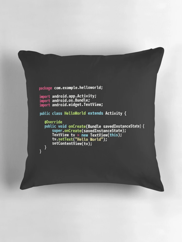Thumbnail 3 of 4, Pillow, Hello World Android Code - Dark Syntax Scheme Coder Design designed and sold by geeksta.
