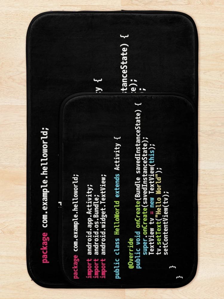 Thumbnail 5 of 6, Bath Mat, Hello World Android Code - Dark Syntax Scheme Coder Design designed and sold by geeksta.