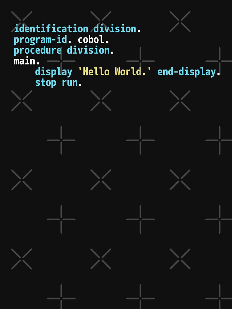 Hello World COBOL Code - Dark Syntax Scheme Coder Design by geeksta