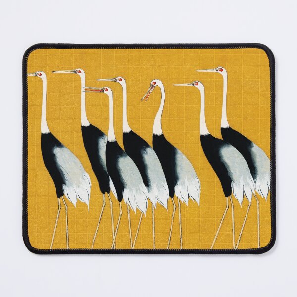 Item preview, BLACK WHITE RED CROWN CRANES FLOCK IN YELLOW Japanese Art designed and sold by BulganLumini.