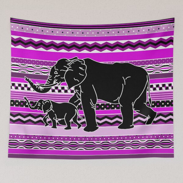 Item preview, Mother and Baby Elephant Silhouette on Purple Stripes designed and sold by GreenCarbon2112.
