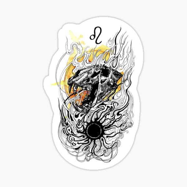Leo Zodiac Sign, Lion Skull and Fire Ink Illustration Sticker