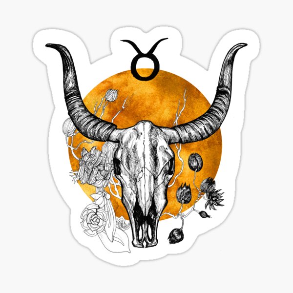 Taurus Zodiac Signs, Bull Skull Ink Illustration Sticker