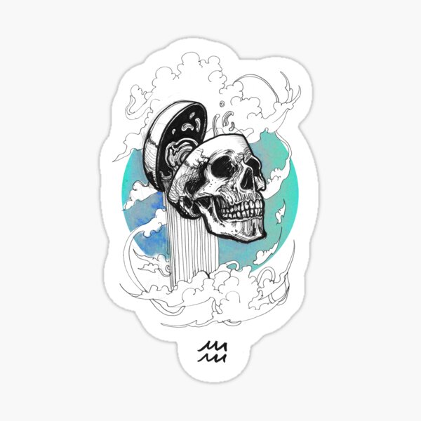 Aquarius Zodiac Sign, Ink Illustrated Surreal Skull Sticker