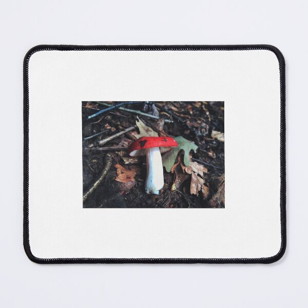 Item preview, Red russula mushroom on forest floor designed and sold by MoodyMonday.