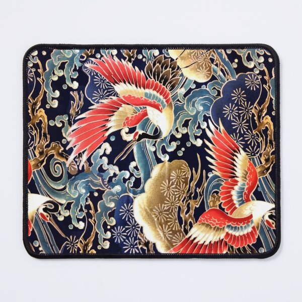 Item preview, JAPANESE FLYING CRANES ,FLOWERS, SEA WAVES RED NAVY BLUE FLORAL designed and sold by BulganLumini.
