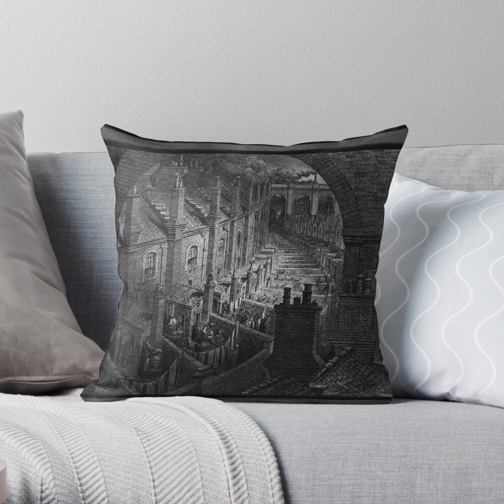 Sopra Londra in treno di Gustave Dore ArUno sguardo potente alla povertà e alla disperazione del XIX secolori Cuscino decorativo Over London by Rail by Gustave Dore Classical Art Xzendor7 Old Masters Reproductions Decorative Throw Pillow