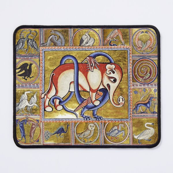 Item preview, MEDIEVAL BESTIARY COMBAT, DRAGON AND ELEPHANT, FANTASTIC ANIMALS IN GOLD RED BLUE COLORS designed and sold by BulganLumini.