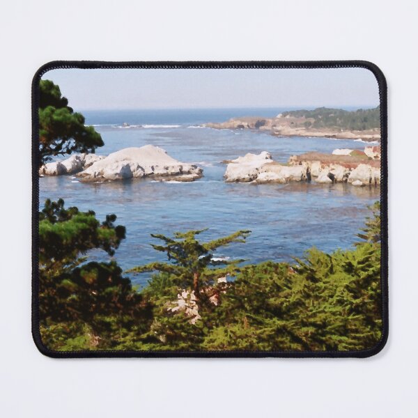 Artikelvorschau, Monterey Bay View, von Bäumen gesäumt, mit Felsformationen - digitales Ölgemälde V2 entworfen und verkauft von FoxyParrot.