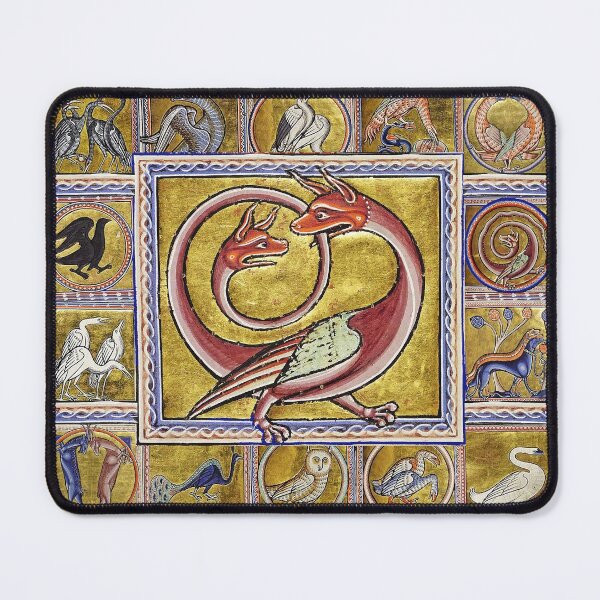 Item preview, MEDIEVAL BESTIARY,TWO HEADED RED DRAGON, FANTASTIC ANIMALS IN GOLD RED BLUE COLORS designed and sold by BulganLumini.