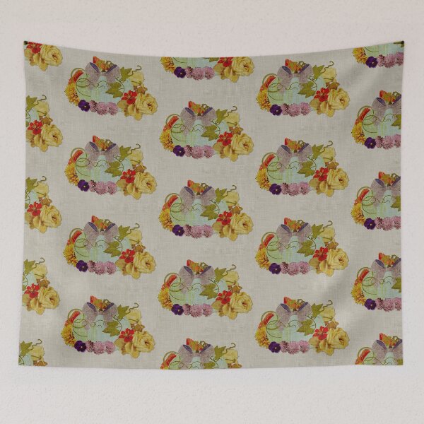 Item preview, Pattern Fall Floral and blue pumpkin burnt effect on burlap designed and sold by Eejee-SK.