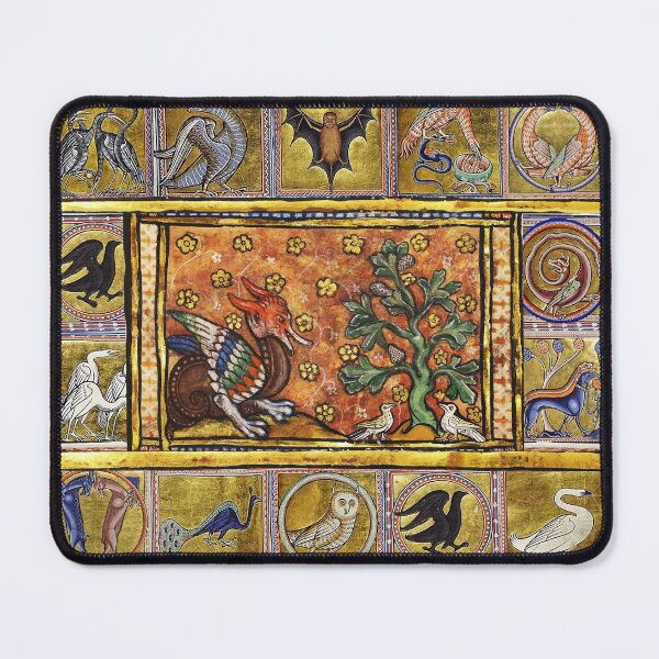 MEDIEVAL BESTIARY,RED DRAGON TREE LIFE AND BIRDS . FANTASTIC ANIMALS IN GOLD RED BLUE COLORS Mouse Pad