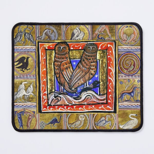 Item preview,  MEDIEVAL BESTIARY ,TWO OWLS, FANTASTIC ANIMALS IN GOLD RED BLUE COLORS designed and sold by BulganLumini.