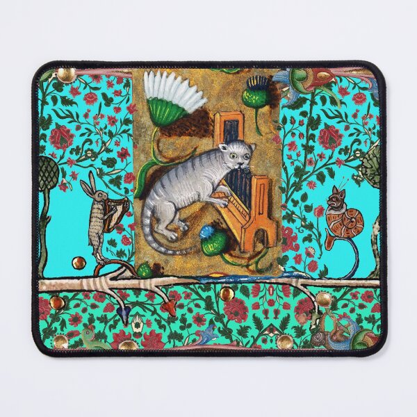 Item preview, WEIRD MEDIEVAL BESTIARY MAKING MUSIC, Cat Playing Organ,Harpist Rabbit,Snail Cat in Blue designed and sold by BulganLumini.