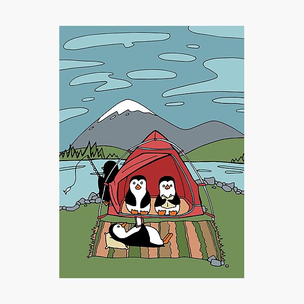 Penguin Family Camping in a Red Tent Photographic Print