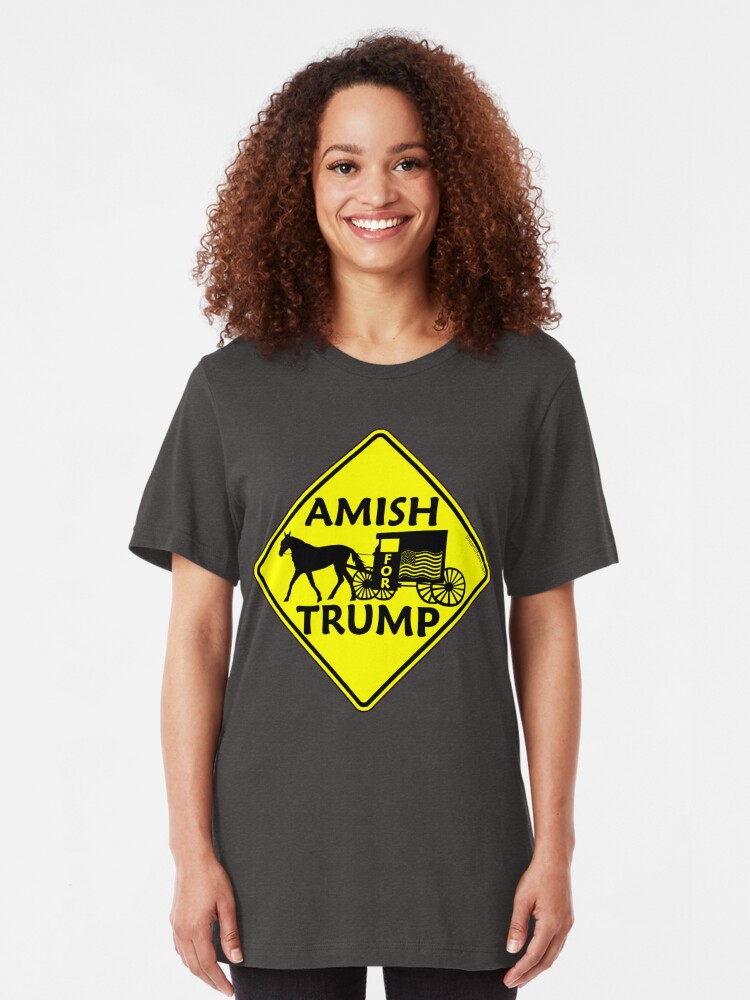 Alternate view of Amish For Trump Political Buggy Sign Slim Fit T-Shirt