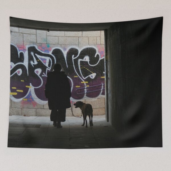 Item preview, Silhouette woman walking her dog, graffiti background designed and sold by Anna Lemos.