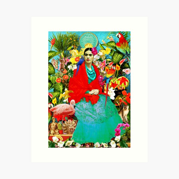 Aperçu de l'œuvre Frida Kahlo avec des animaux, des plantes et des oiseaux mexicains créée et vendue par FridaArtGallery.