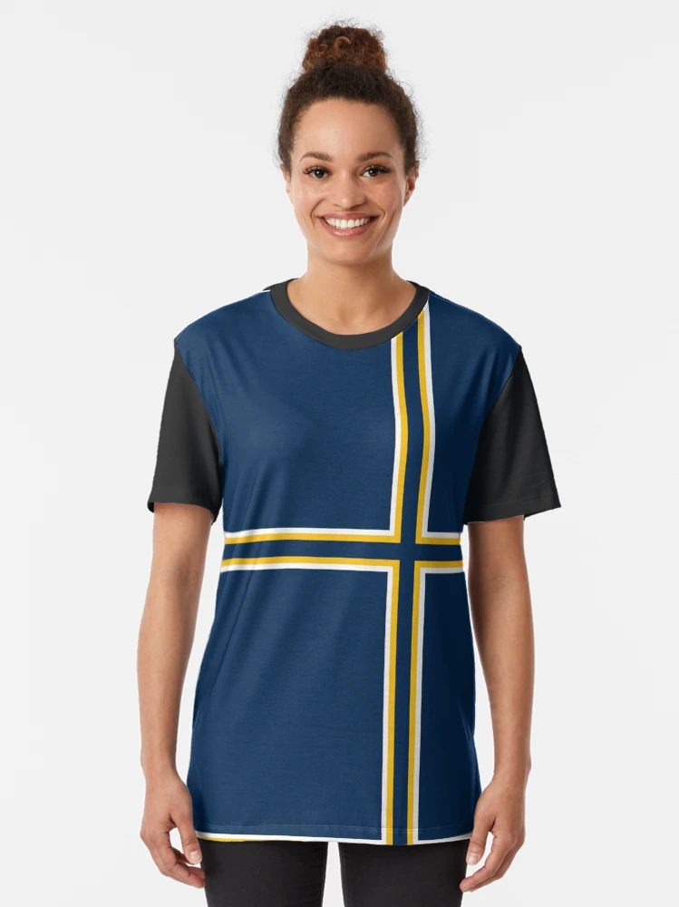 white and dark blue graphic tee