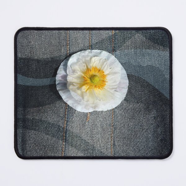 Item preview, White poppy flower on denim with waves designed and sold by CatCarrot.