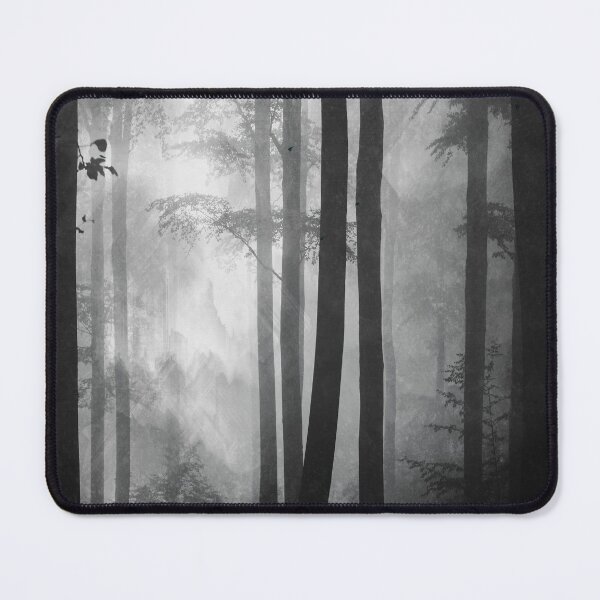 Foggy Summer Forest in black and white Mouse Pad