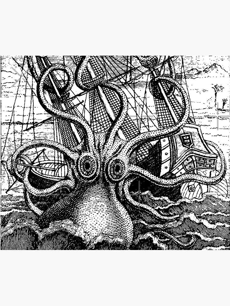 Tapis de souris for Sale avec l'œuvre « Illustration de navire attaquant  Kraken Vintage » de l'artiste monsterplanet