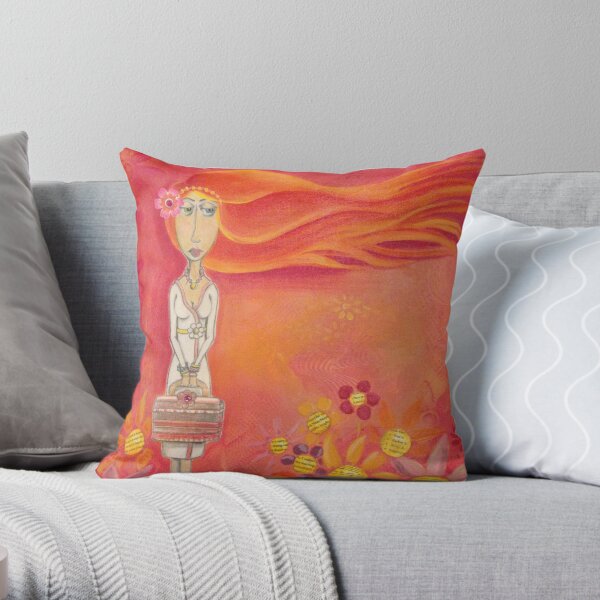 Brave Girl with Pink Handbag - Folk Art Girl with Red Orange Hair Throw Pillow