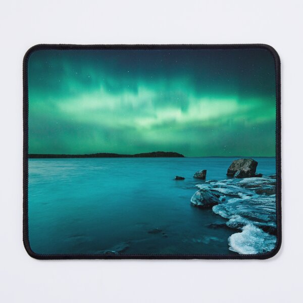 Ice on the lake shore and northern lights landscape Mouse Pad