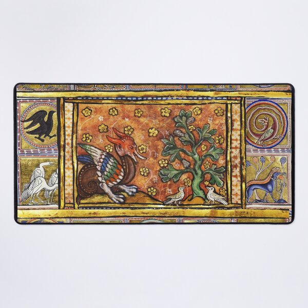 MEDIEVAL BESTIARY,RED DRAGON TREE LIFE AND BIRDS . FANTASTIC ANIMALS IN GOLD RED BLUE COLORS Desk Mat