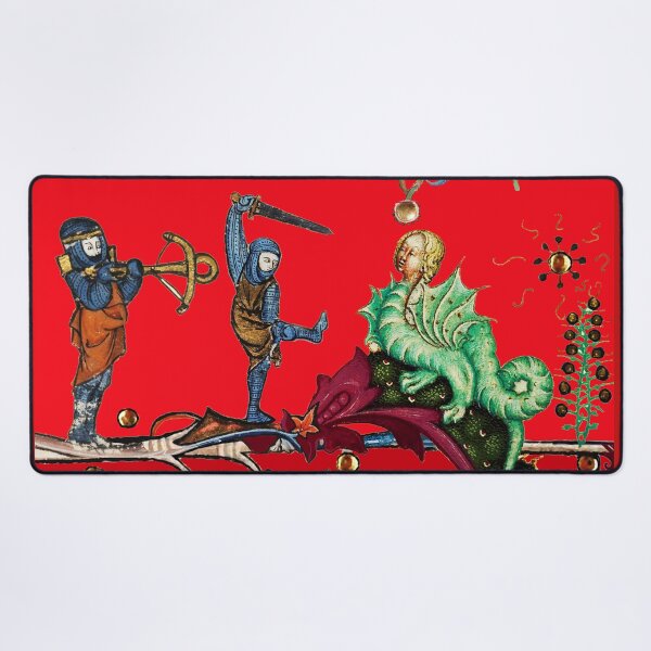 WEIRD MEDIEVAL BESTIARY WAR, KNIGHTS COMBATTING AGAINST HYBRID DRAGON IN RED Desk Mat