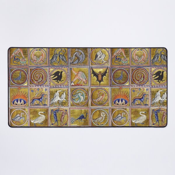 MEDIEVAL BESTIARY, FANTASTIC ANIMALS IN GOLD RED BLUE COLORS Desk Mat