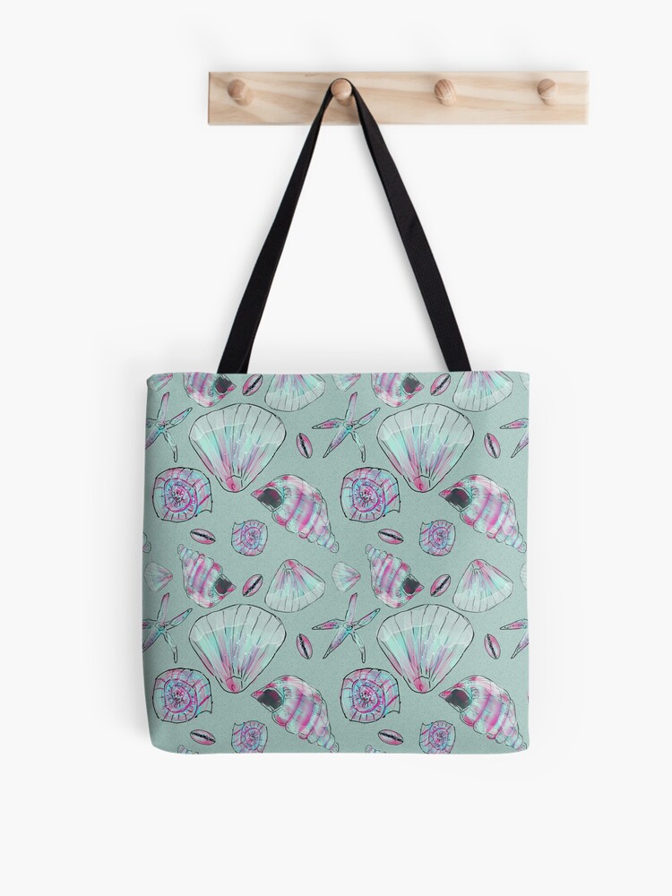 Thumbnail 1 of 2, Tote Bag, Seashell Pattern in Aqua, Turquoise, Pink and White designed and sold by ClareWalkerArt.
