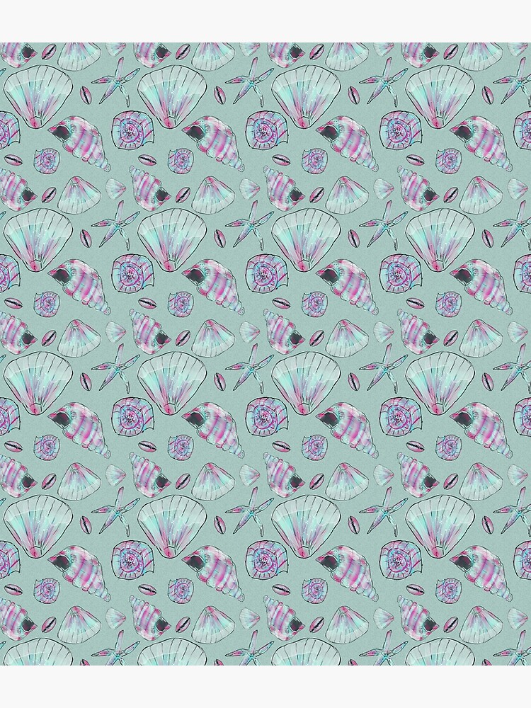 Seashell Pattern in Aqua, Turquoise, Pink and White by ClareWalkerArt