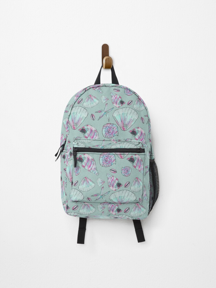 Thumbnail 1 of 3, Backpack, Seashell Pattern in Aqua, Turquoise, Pink and White designed and sold by ClareWalkerArt.