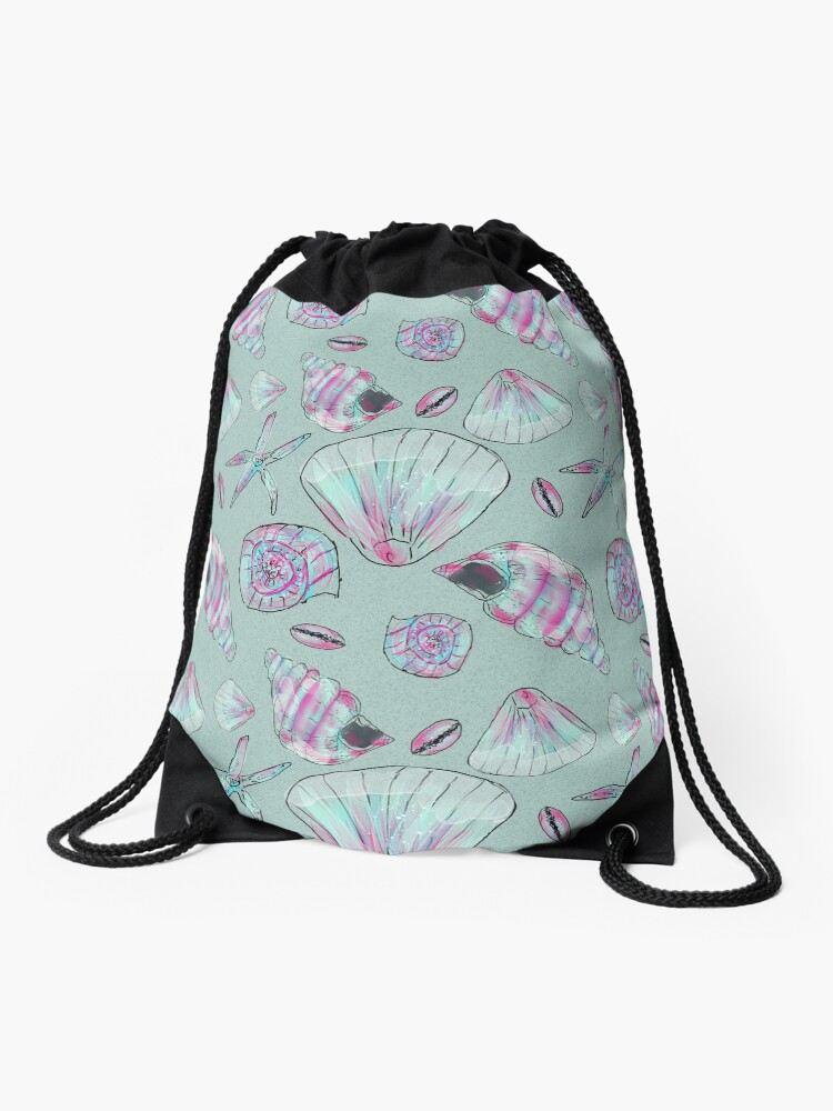 Thumbnail 1 of 3, Drawstring Bag, Seashell Pattern in Aqua, Turquoise, Pink and White designed and sold by ClareWalkerArt.