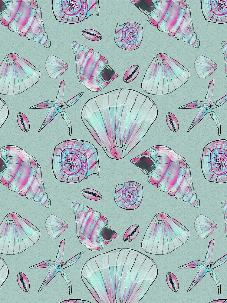 Seashell Pattern in Aqua, Turquoise, Pink and White by ClareWalkerArt