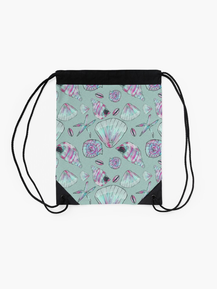 Alternate view of Seashell Pattern in Aqua, Turquoise, Pink and White Drawstring Bag