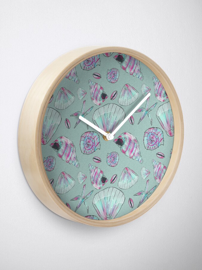 Thumbnail 1 of 4, Clock, Seashell Pattern in Aqua, Turquoise, Pink and White designed and sold by ClareWalkerArt.