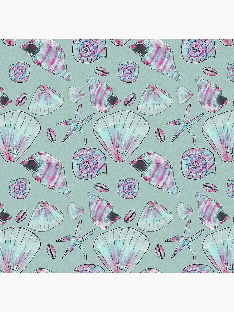 Thumbnail 4 of 4, Clock, Seashell Pattern in Aqua, Turquoise, Pink and White designed and sold by ClareWalkerArt.