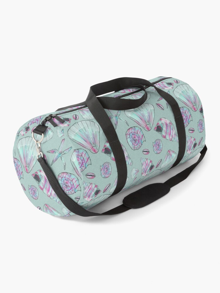 Thumbnail 1 of 3, Duffle Bag, Seashell Pattern in Aqua, Turquoise, Pink and White designed and sold by ClareWalkerArt.
