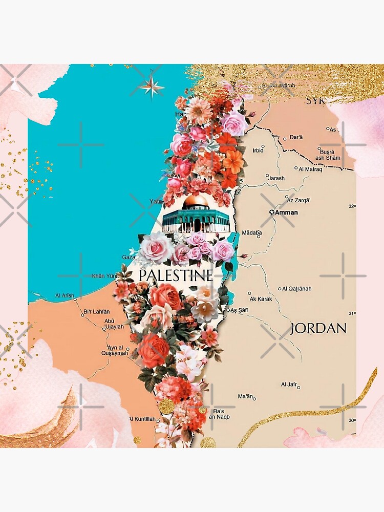 "Floral Roses Palestine Map Proud Palestinian Map Cities Al Quds Large