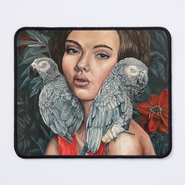 Item preview, Joy - Girl Surrounded by Grey Parrots and Vermilion Flycatchers designed and sold by EmilyDewsnap.