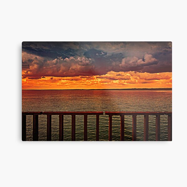 Colorful warm sunset at the bridge view to the lake Metal Print