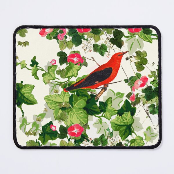 Item preview, RED BIRD AMONG IVY LEAVES AND  MORNING GLORIES White Green White Floral designed and sold by BulganLumini.